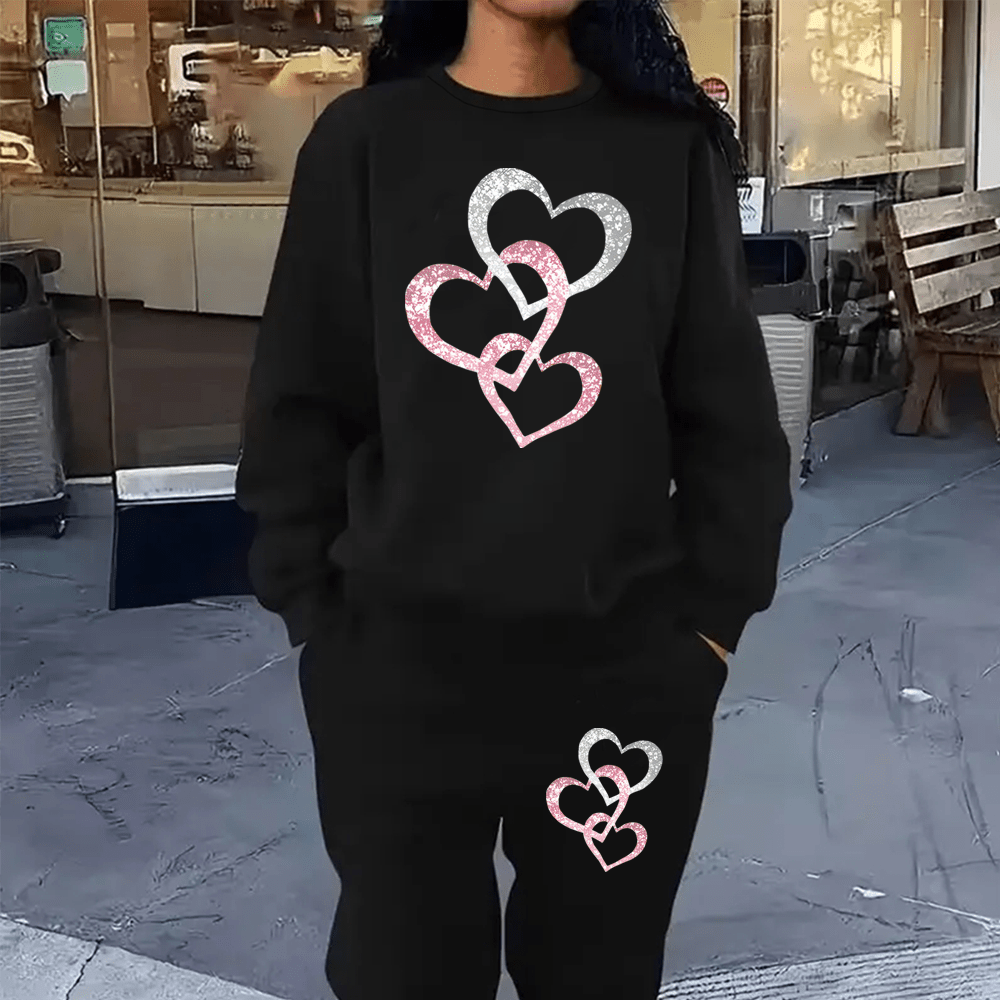 

Cozy Fleece-lined Women's Sweatshirt & Joggers Set - Casual Heart Print, Round Neck, Machine Washable