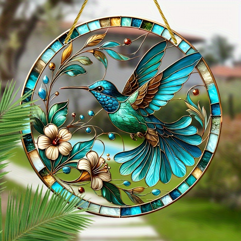 

Double-sided Hummingbird & Floral Suncatcher - Stained Translucent Hanging Decor For Windows, Walls, Gardens, And Home - Perfect Indoor/ Outdoor - Ideal Gift For - 8"x8