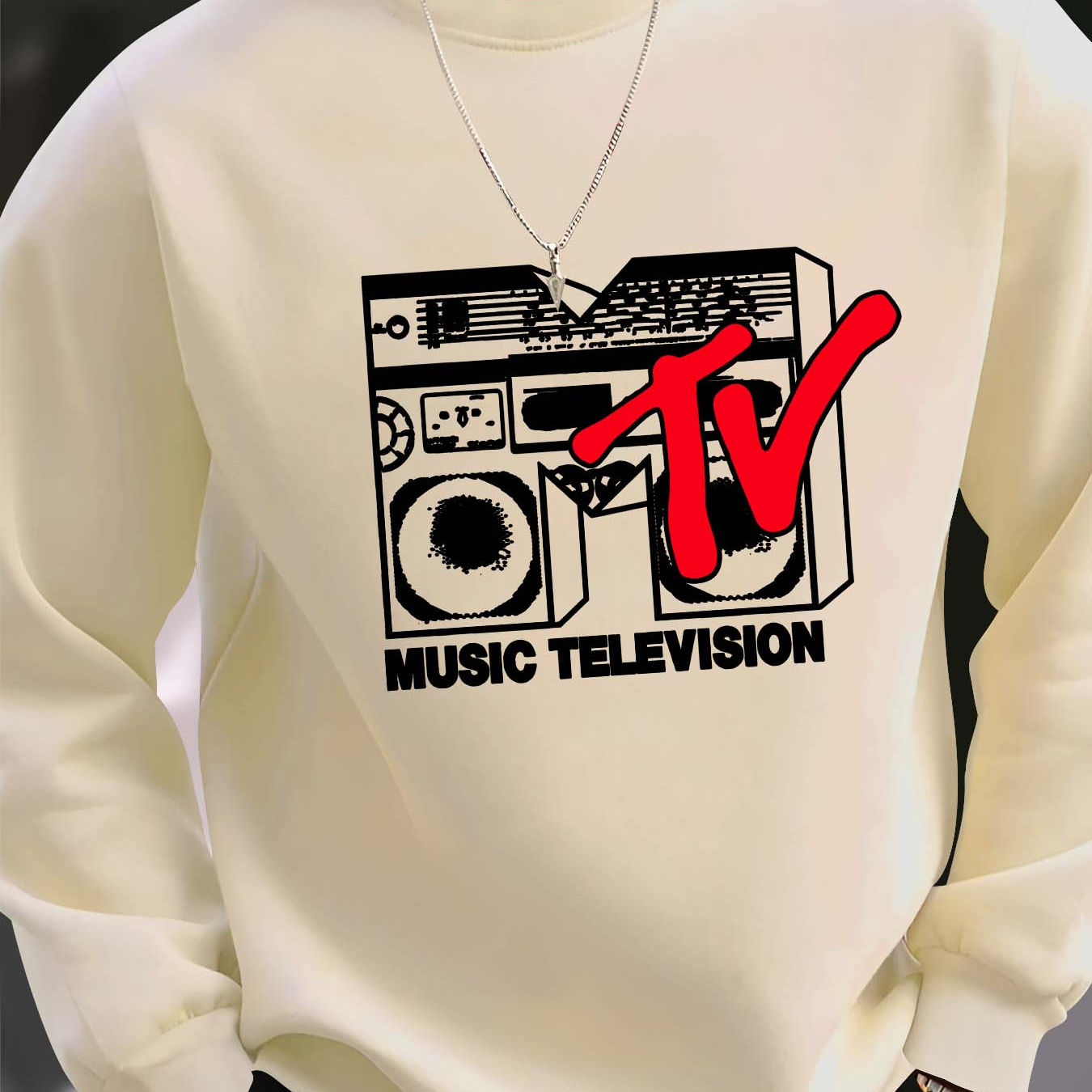 

Mtv Graphic Neck Sweatshirt For Men - Polyester Knit Fabric With Slight Stretch, Regular Fit Long Sleeve Active Pullover