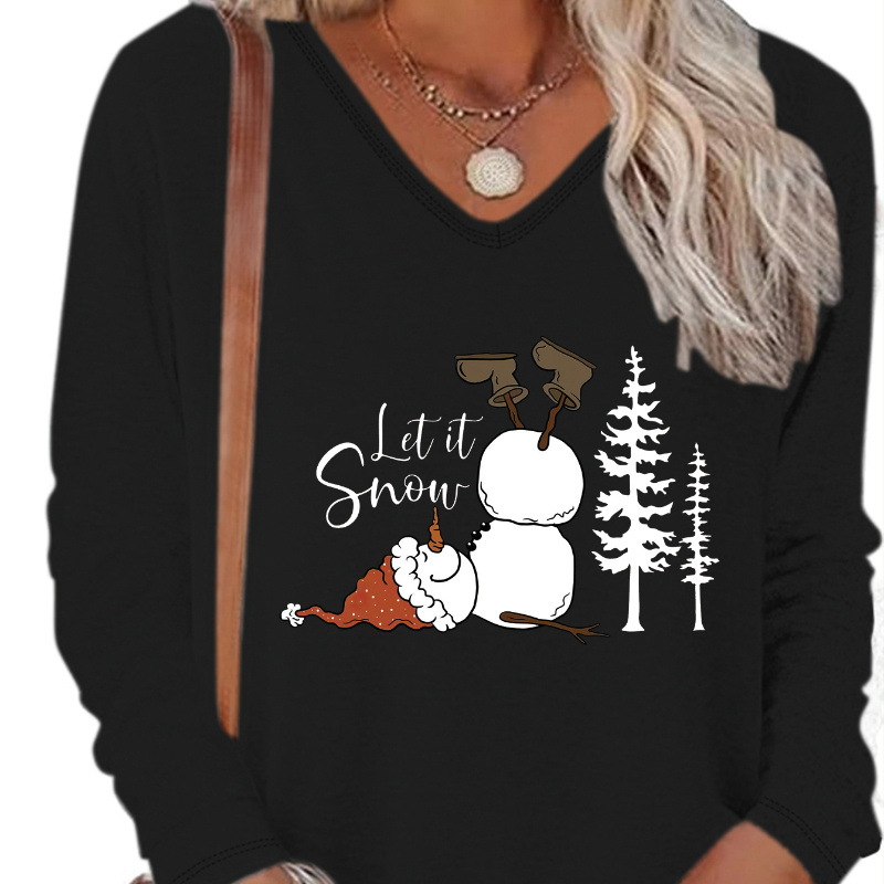 

Women's Festive Christmas Snowman & Letter Print V-neck Long Sleeve T-shirt - Casual, Stretchy Polyester Blend, Machine Washable - Fall/winter