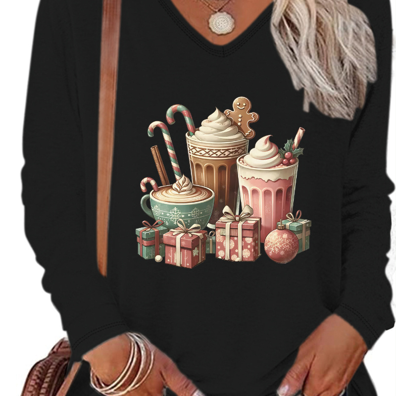 

Women's Christmas Ice Cream Print V-neck Long Sleeve T-shirt - Casual, Stretchy Polyester , Machine Washable - Fall & Winter