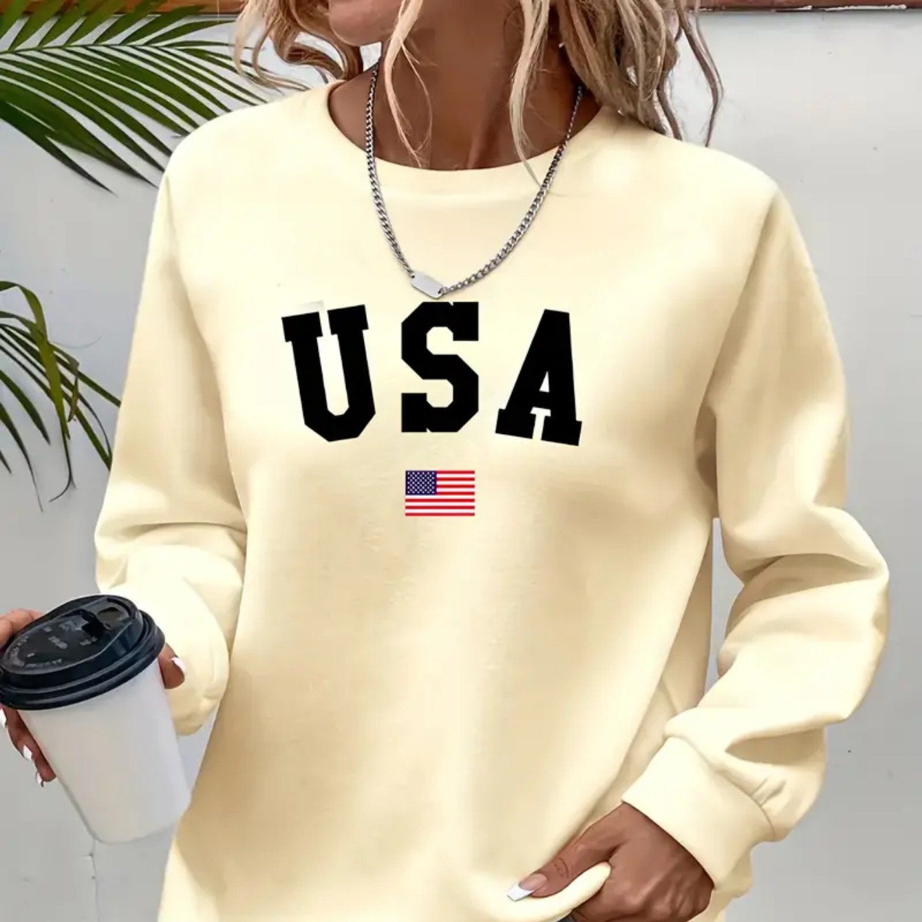 

Women's Plus Size Usa Print Sweatshirt, Casual Long Sleeve Round Neck Pullover, Knitted Stretch Fabric, Polyester, Fall/, Letter Pattern, Oversized Hoodie