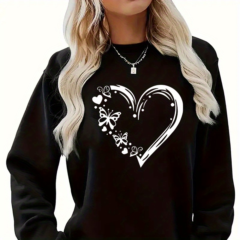

Women's Plus Size Long Sleeve Sweatshirt, Casual Round Neck Pullover With Heart Print, Geometric Pattern, Stretch Knit Fabric, Polyester, Fashion