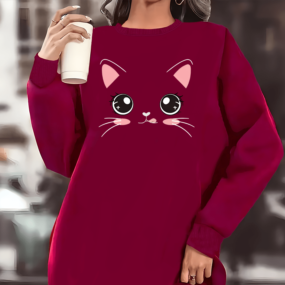 

Elegant Casual Sweatshirt Dress With Cat - Long Sleeve, Polyester, Knit Fabric, Pullover, Pad, Animal Pattern, Comfort