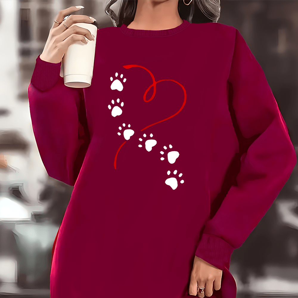 

Plus Size Paw & Heart Print Sweatshirt Dress, Casual Crew Neck Long Sleeve Dress For Fall & Winter, Women's Plus Size Clothing