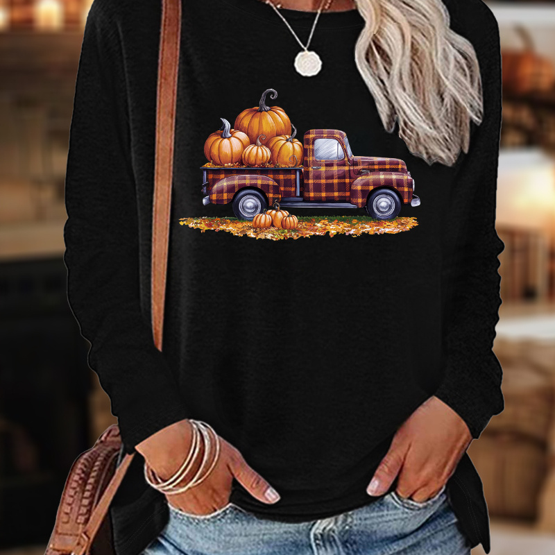 

Thanksgiving Pumpkin Truck Print Women's Casual Long Sleeve T-shirt - Polyester Knit Fabric, Round Neck, Regular Fit