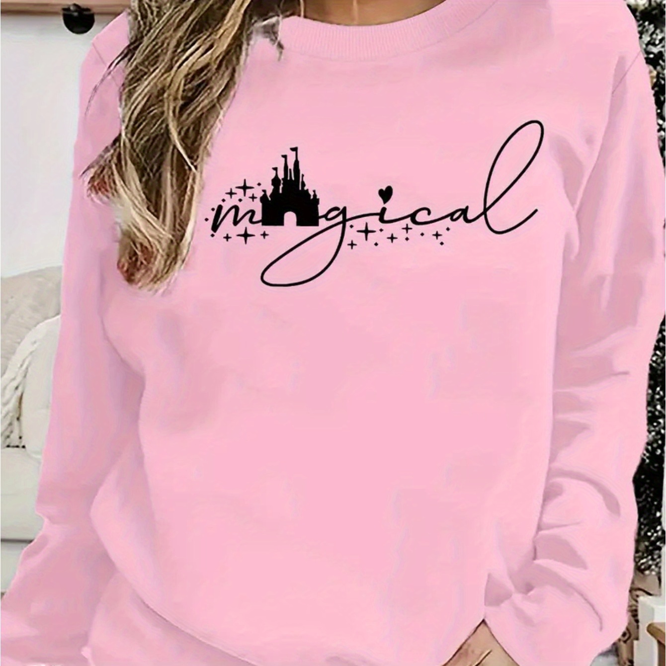 

Women's Plus Size Casual Sweatshirt With Castle Print, Fall/winter Knit Fabric, Polyester Round Neck Pullover Top