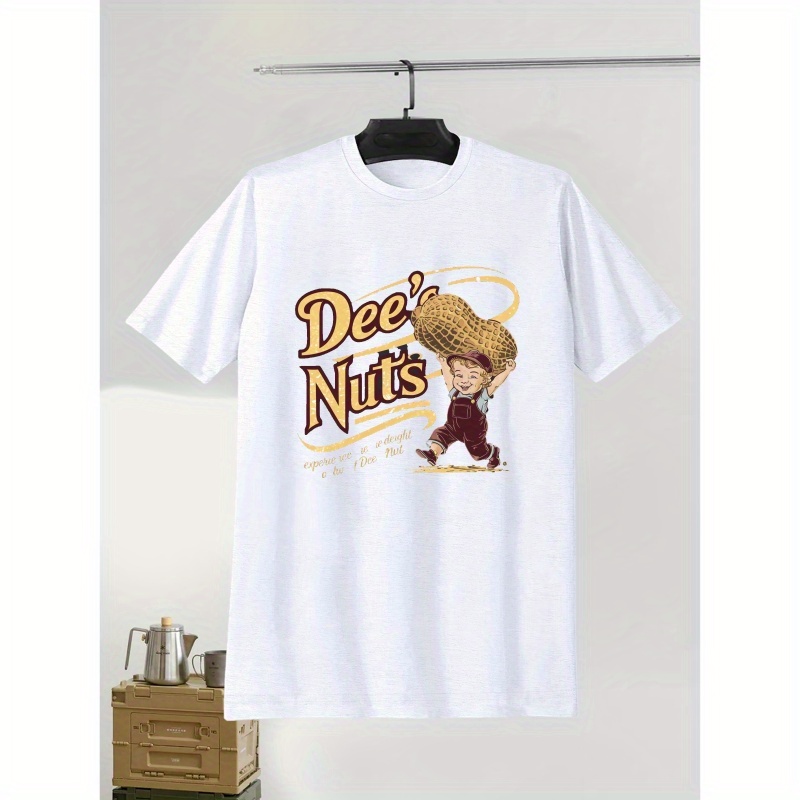 

Nuts Cartoon Print T-shirt For Men - 100% Polyester Casual Crew Neck Tee With Geometric Pattern, Slight Stretch Knit Fabric, Summer Short Sleeve