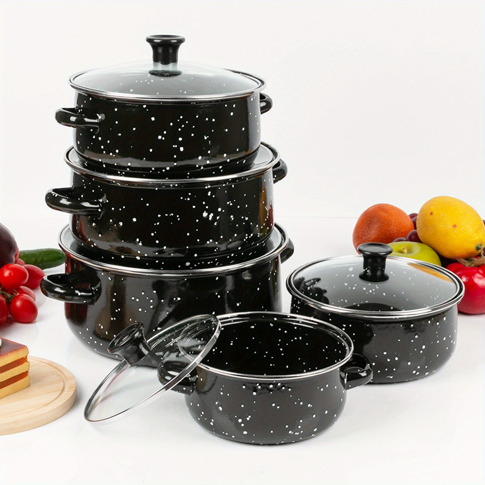 TEMU 5pcs Household Saucepan Cookware Enamel Set Enamel Set Pot Enamel Set Pot Sisal Point Stew Pot 5 Pieces Enamel Saucepan Stackable Nesting Pots