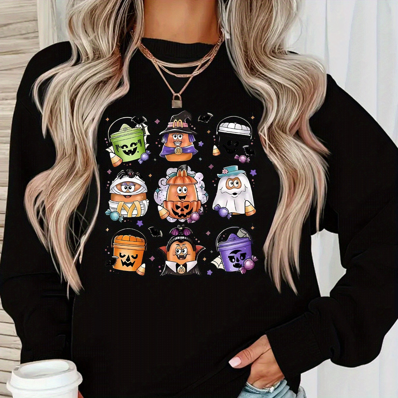 

Pumpkin Pattern Printed Ladies Autumn And Winter Casual Sports Plush Lined Round Neck Pullover Sweatshirt, Comfortable Breathable Top