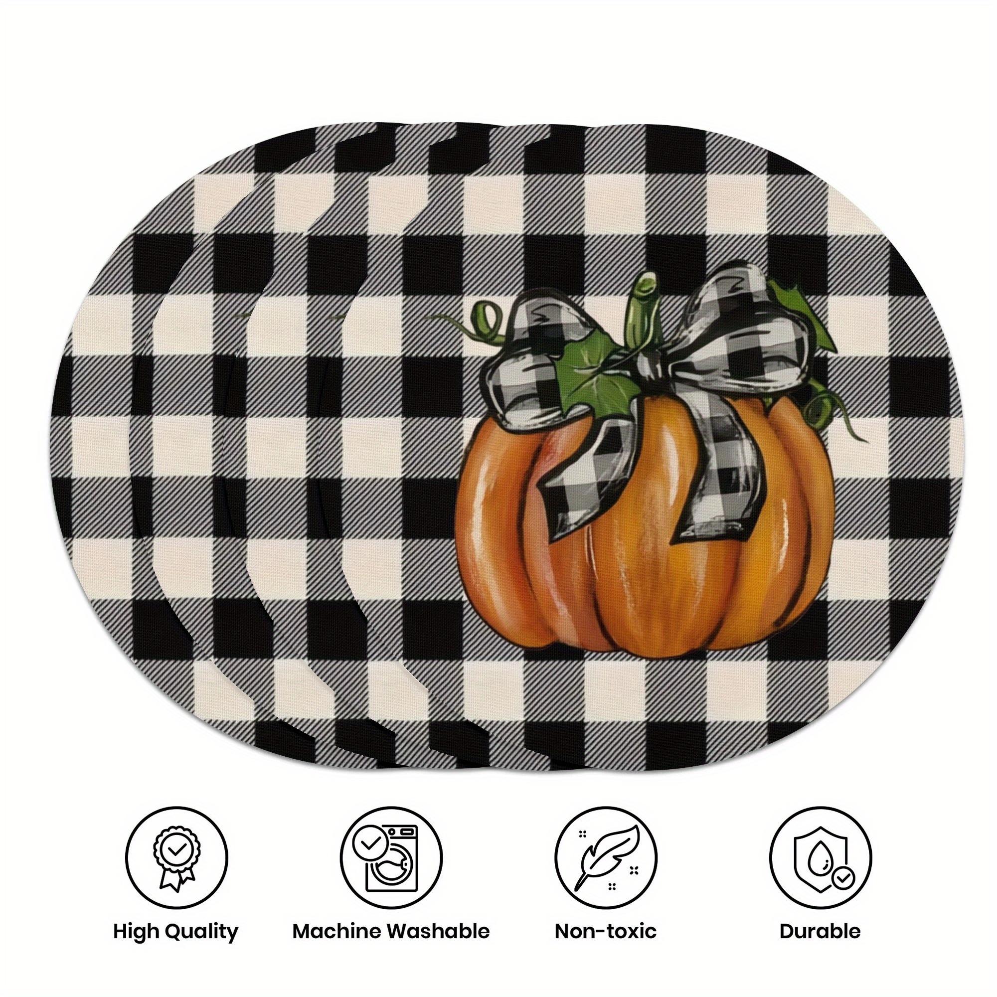 

4-piece Thanksgiving Pumpkin Place Mats Set - Watercolor Checked Bow, Washable Polyester, Round Woven Table Mats, Autumn Dining Decor, 15-inch - Polyester100%