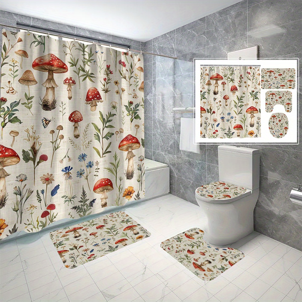 

1pc/2pcs/3pcs/4pcs/6pcs Cartoon Mushroom Polyester Waterproof Shower Curtain No Punching Bathroom Curtain