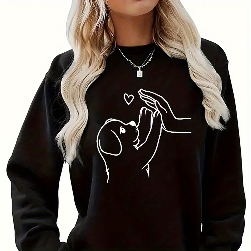 

Plus Size Geometric Dog Print Sweatshirt - 100% Polyester Knit Casual Crew Neck Pullover With Slight Stretch - Comfortable Women's Long Sleeve Top