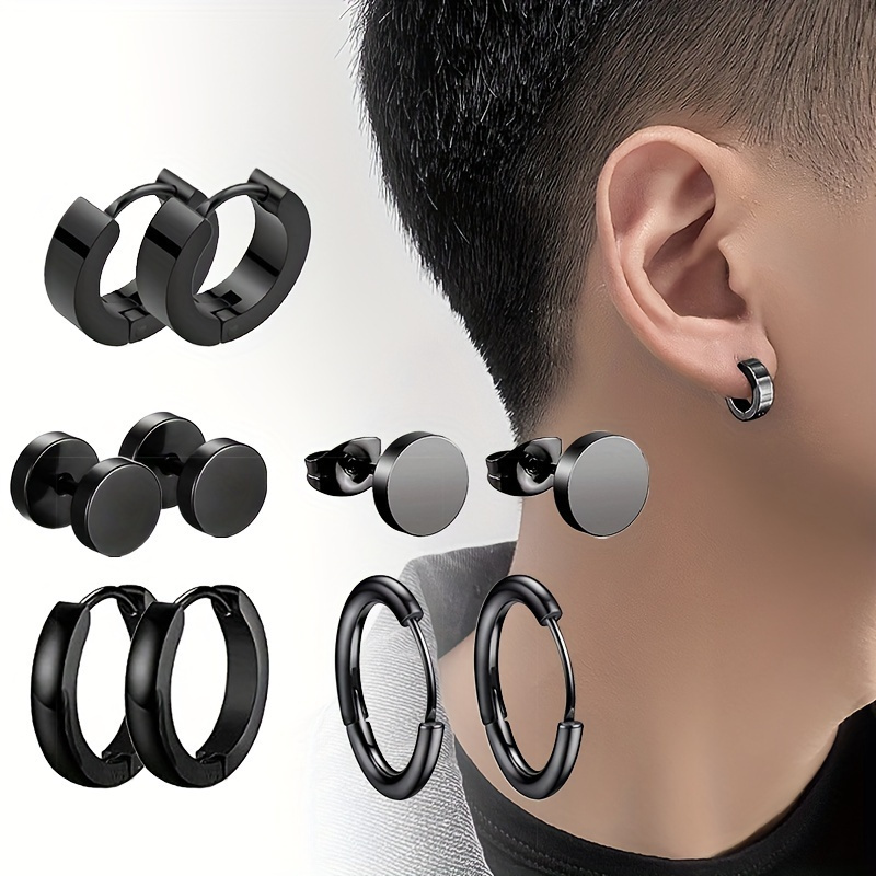 

Jerksruna 5-pair Set Of Black Stainless Steel Hoop Earrings For Men - Gothic & Hip Hop Style,