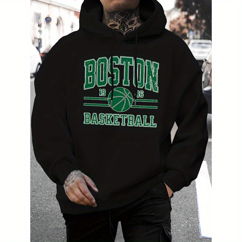 

Boston Basketball Print Men's Pullover Hoodie - Casual Hip-hop Style, Machine Washable, Hooded Collar, Regular Fit, Slightly Stretchy Fabric