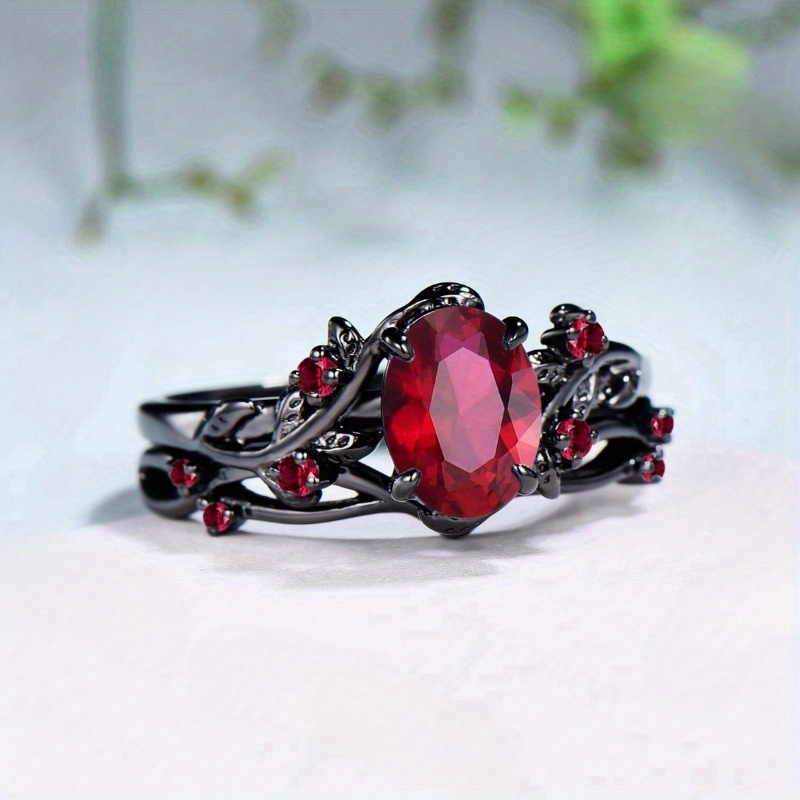 

2-piece Set Of Black Fashionable Ladies' Floral Vine Rings, Engagement And Wedding Rings, Set With Red Synthetic Gemstones, Anniversary Christmas Gift Jewelry