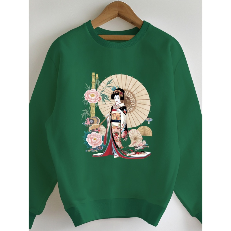 

Sweat-shirt ras du cou à imprimé graphique de japonaise - Pullover décontracté en tricot 100 % polyester pour femmes - Haut à motif géométrique à manches longues pour /l'hiver