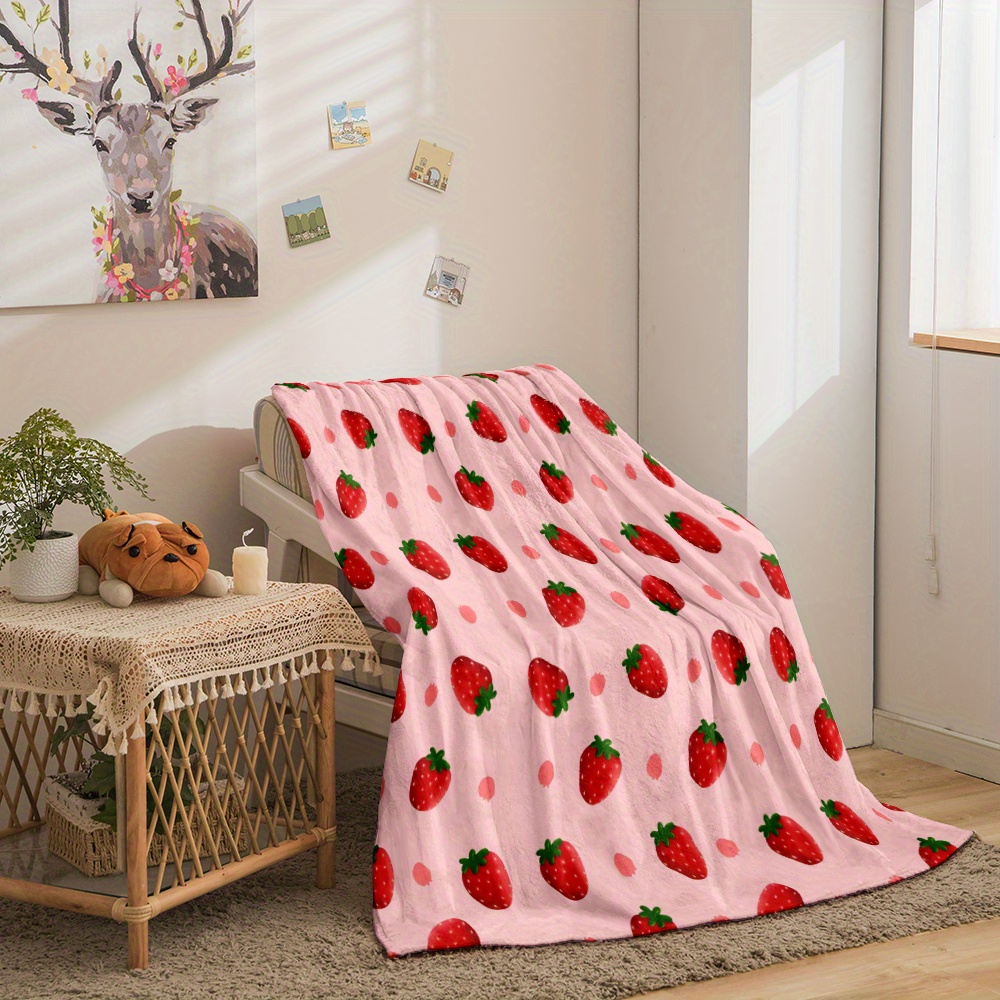 

1pc Soft Flannel Strawberry Print Throw Blanket - Durable, Digital Printed & Plush Multipurpose Blanket For Sofa, Bed, Travel - Contemporary Style, Comfort, Tear Resistant - Ideal Gift