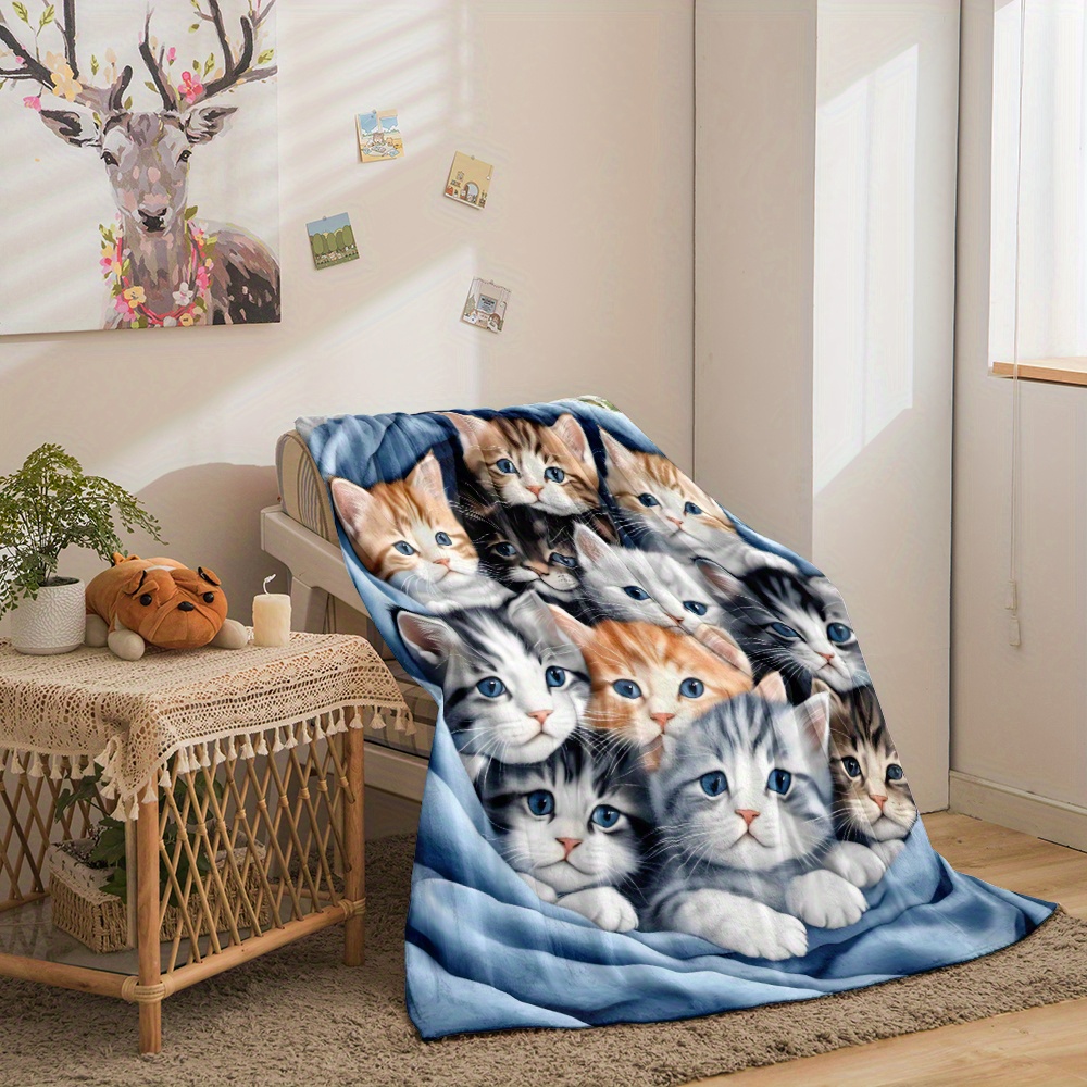 

1pc Cozy Kitten Flannel Blanket - Lightweight, Sofa, Office, Couch, Bed, Travel, Camping, And Living Room - Ideal Gift For