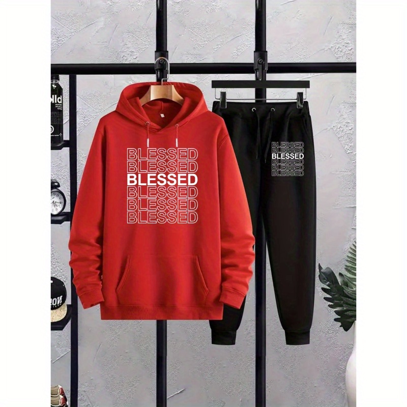 

Blessed Print Plus Size Men's Crew Neck Long Sleeve Hoodie And Casual Joggers 2-piece Outfit Set