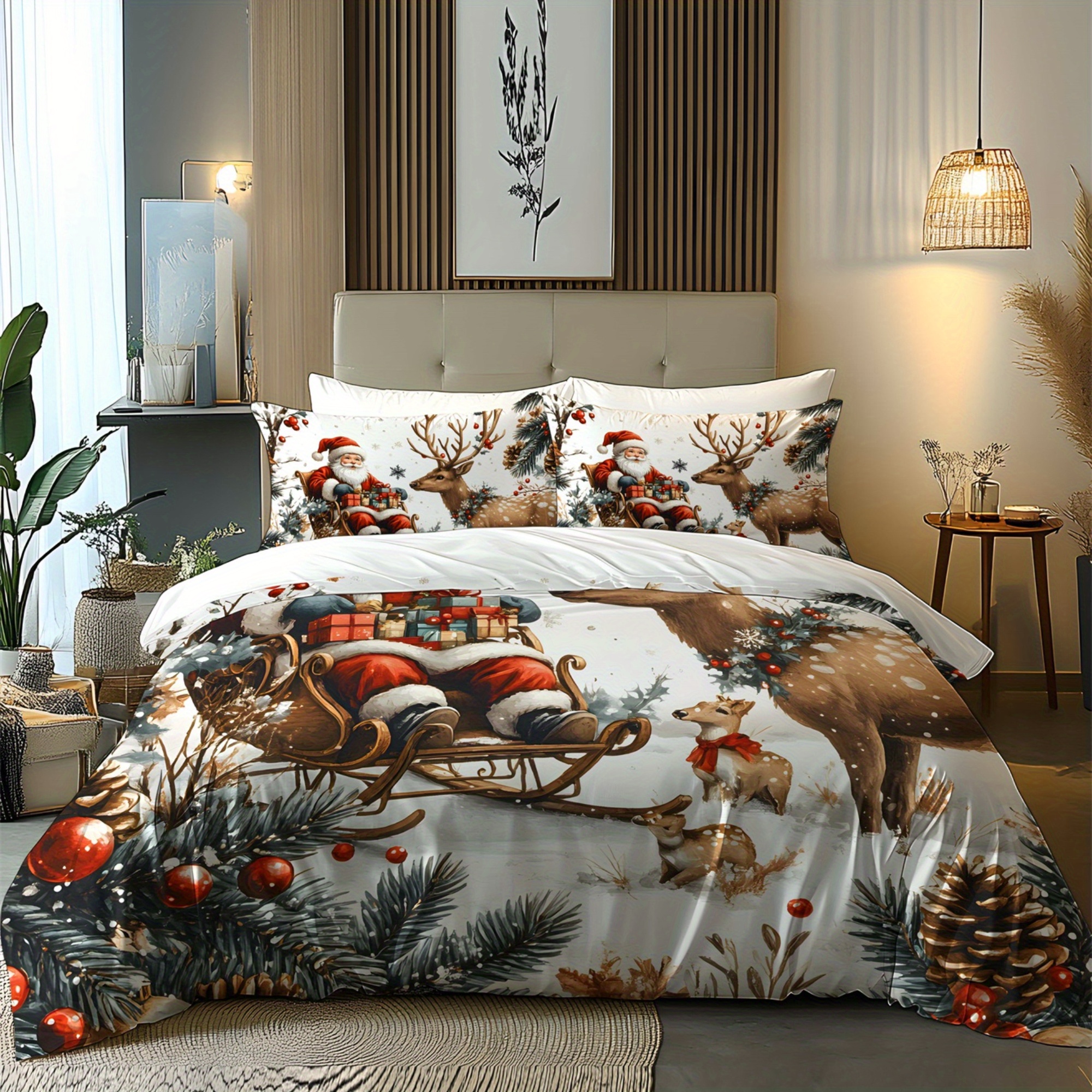 TEMU Kit de Housse de Couette en Super Douce à Imprimé Numérique 2/3pcs Noël, Père Noël, , de Neige, Motif Cadeau Remplissage Tissu et Confortable,