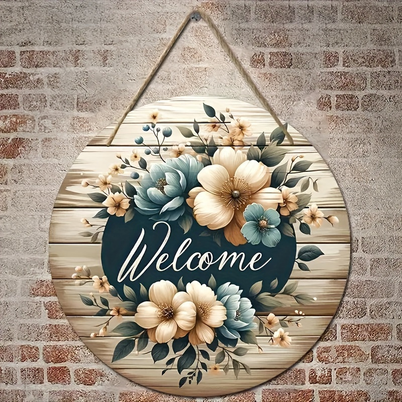 

Round Welcome Sign - Rustic Garland Wooden Plaque For Home & Porch Decor, 8x8 Inches, Wood, No Power Needed