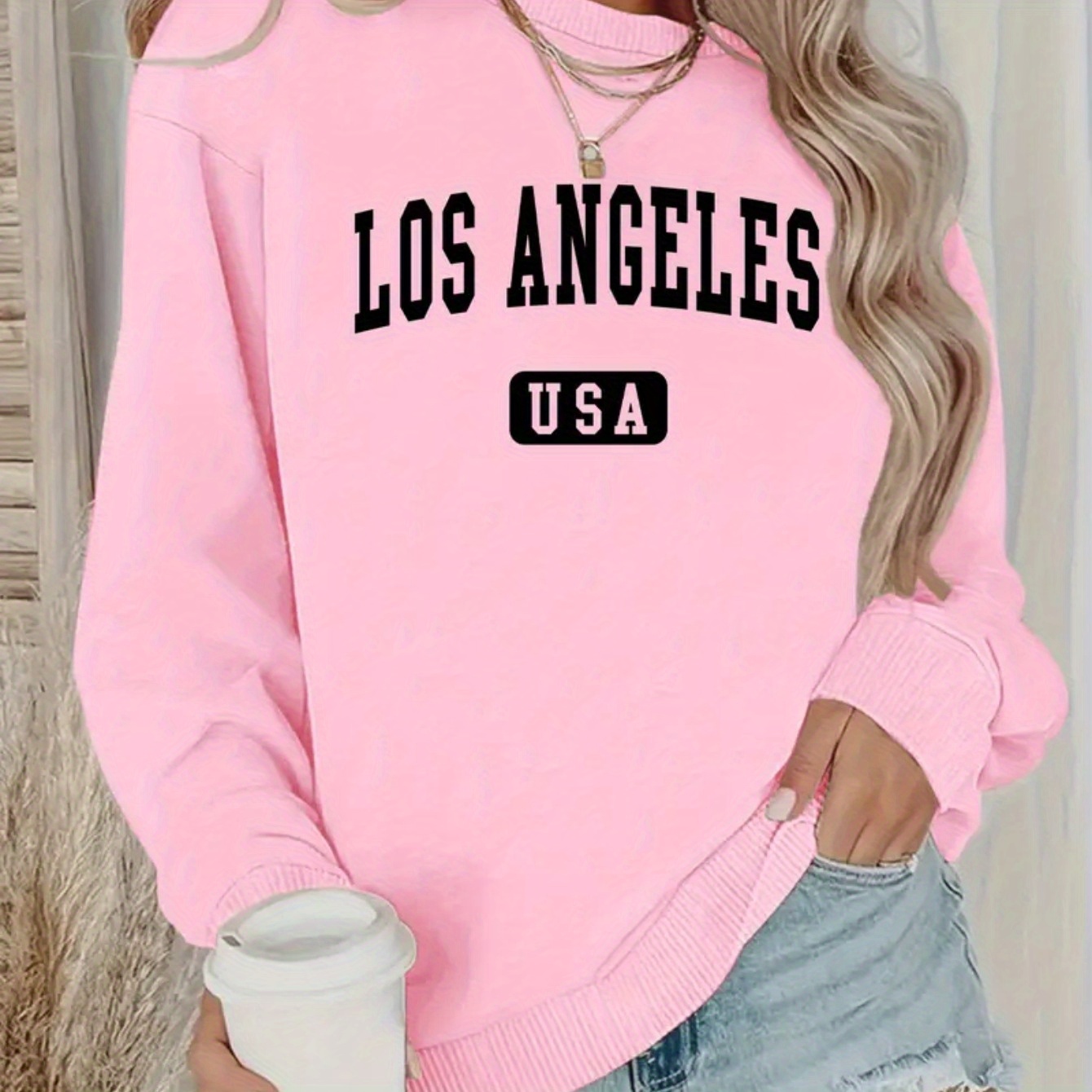 

Plus Size Casual Sweatshirt For Women - Los Angeles Usa Neck Long Sleeve Pullover - 100% Polyester Knit Fabric - Fall/winter Collection