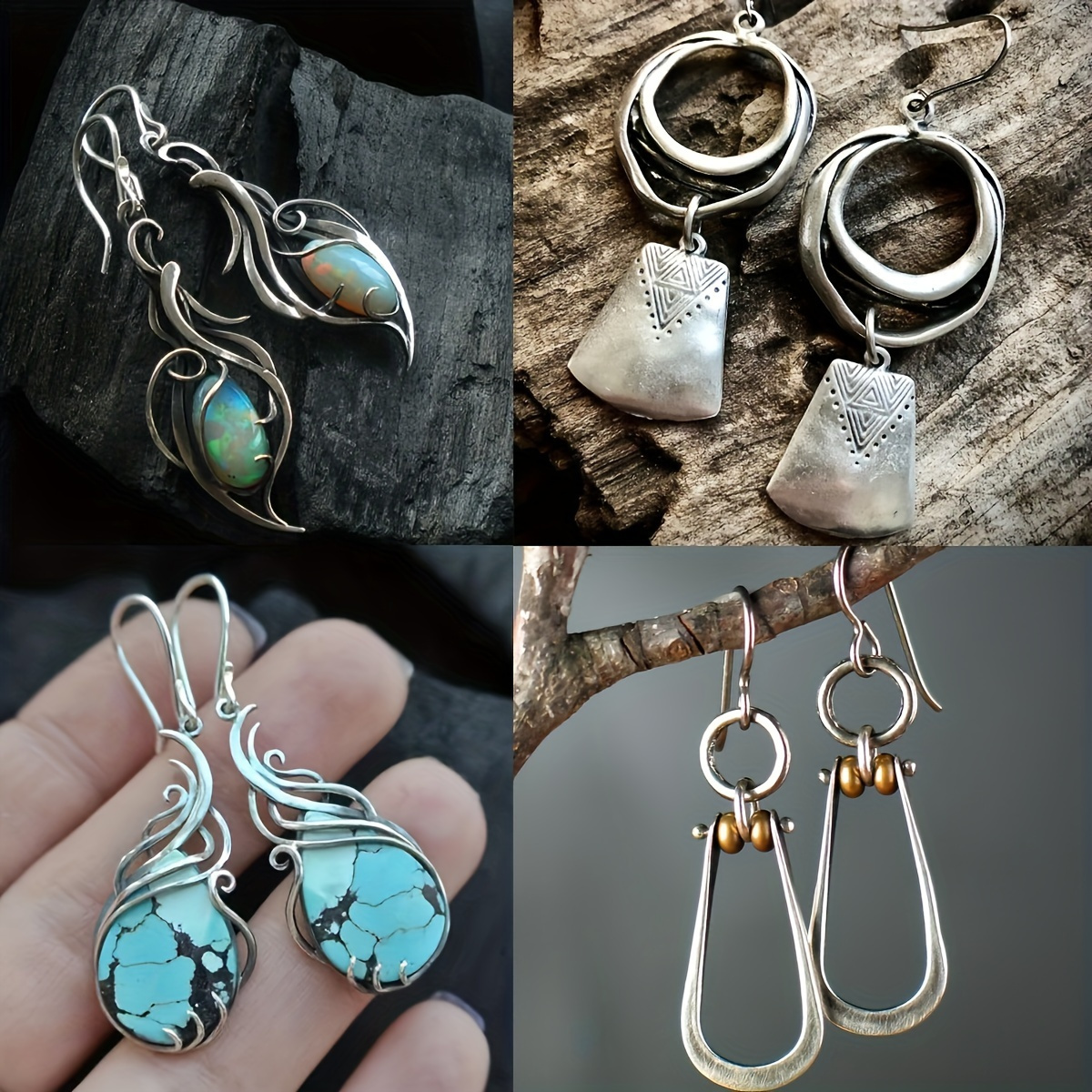 TEMU 4 Pairs Vintage Teardrop Shape Turquoise Design Dangle Earrings Retro Bohemian Style Zinc Alloy Ear Jewelry For Women Girls