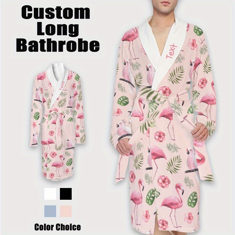 

Customizable Flamingo Pattern Long Bathrobe With Pocket - Casual Knit Fabric, Polyester, , Belted, Reversible Collar, Unisex Adult Robe Set