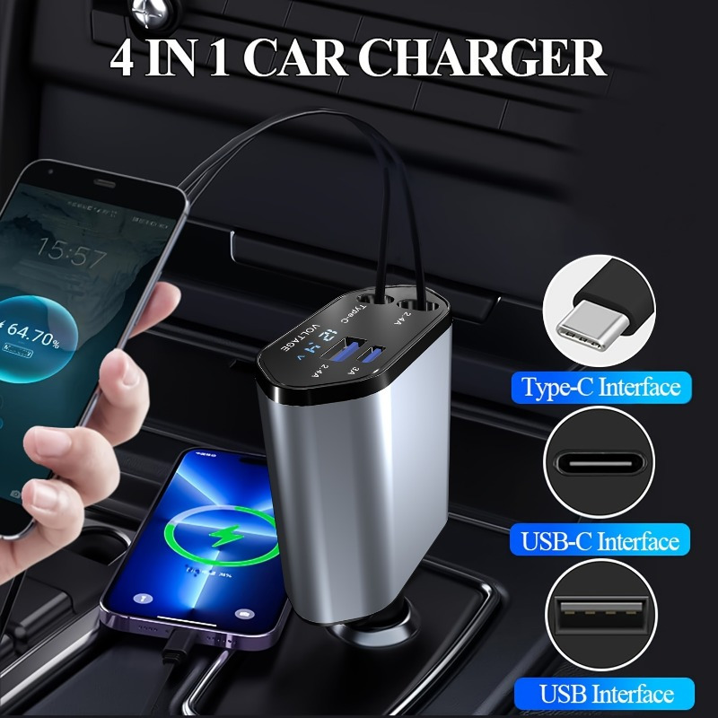 all in one vehicle charging kit 4 port retractable usb hub with 4 in 1 cables dual type c   android compatible   voltage display usb powered 36v abs material no battery 4