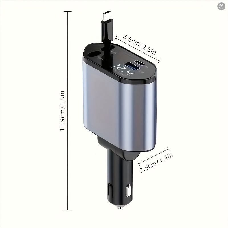 all in one vehicle charging kit 4 port retractable usb hub with 4 in 1 cables dual type c   android compatible   voltage display usb powered 36v abs material no battery 2