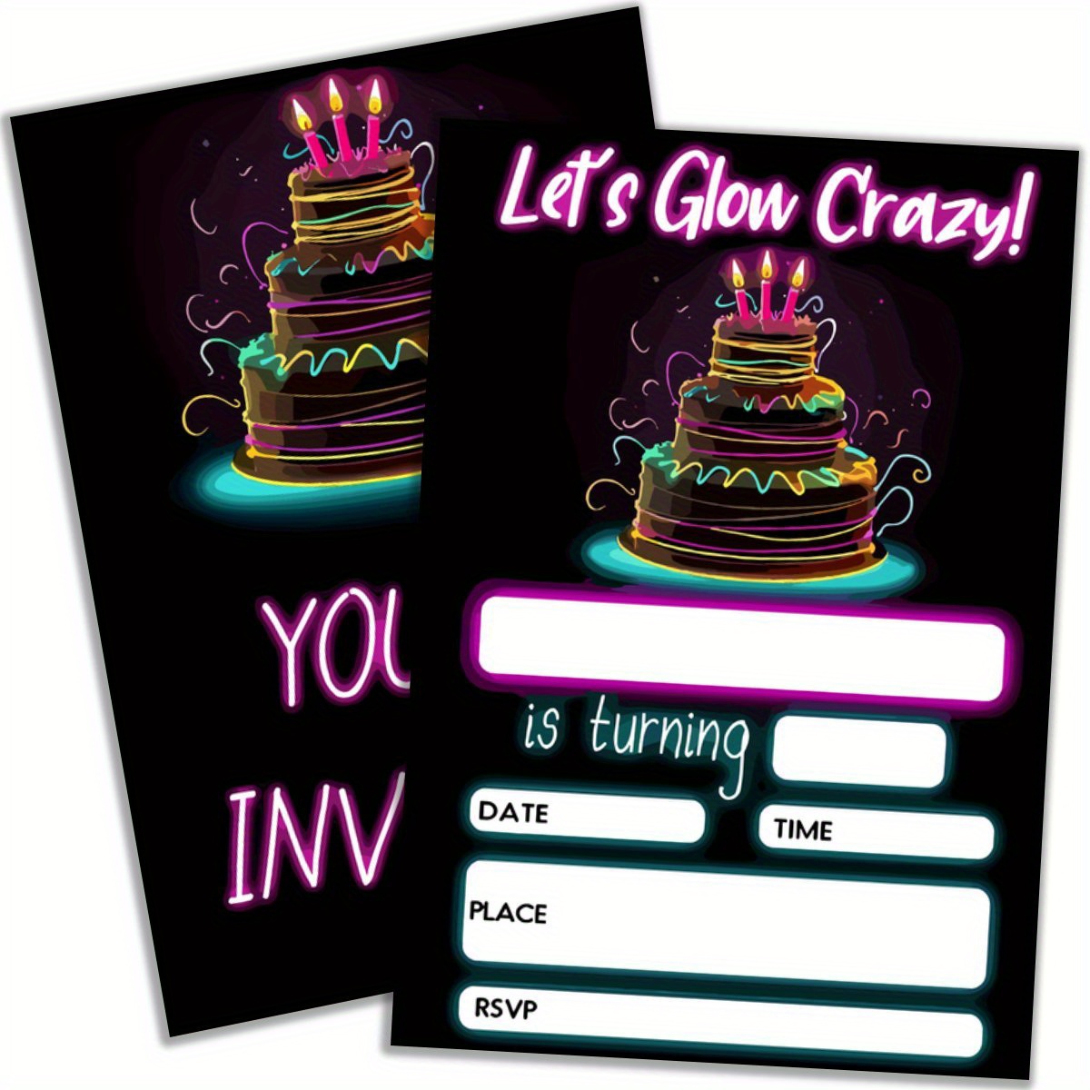 

20 Pack Neon Glow Themed Birthday Party Invitations With Envelopes – No Electricity Needed, Paper Cards For Kids Birthday, Thanksgiving, Holiday Events – Includes Rsvp Details For