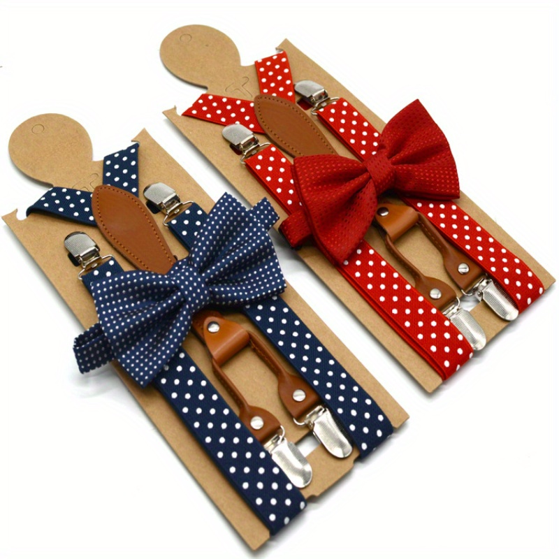 

Polka Dot Suspender And Bow Tie Set - Woven Polyester, Elegant Style, Medium Stretch, Unisex Adult 4-clip Braces