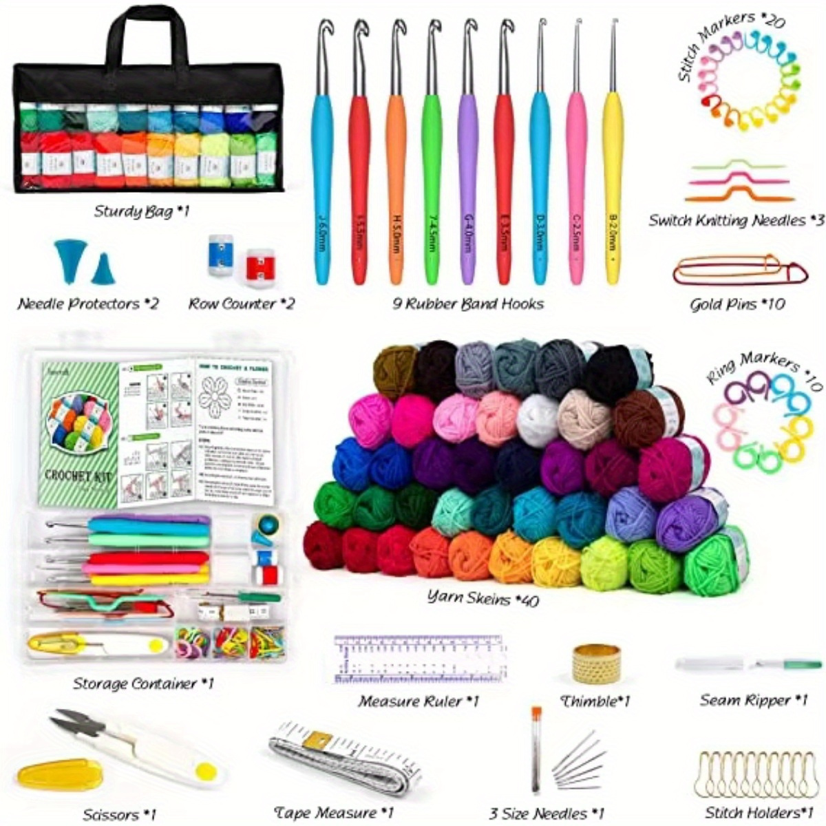 

113 Beginner Crochet Tool Set, Including Crochet , Ergonomic Portable Crochet Set, Beginner Crochet Teaching Guide, Video Tutorial ( Accessories Come In Random Colors)