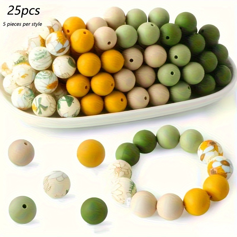 Image of Silicone Beaded Kit 25pcs 15mm Beads- Making Suit With Leopard Print And Flower Pattern, Round Silicone Beads For Pen, Bracelets And Accessories
