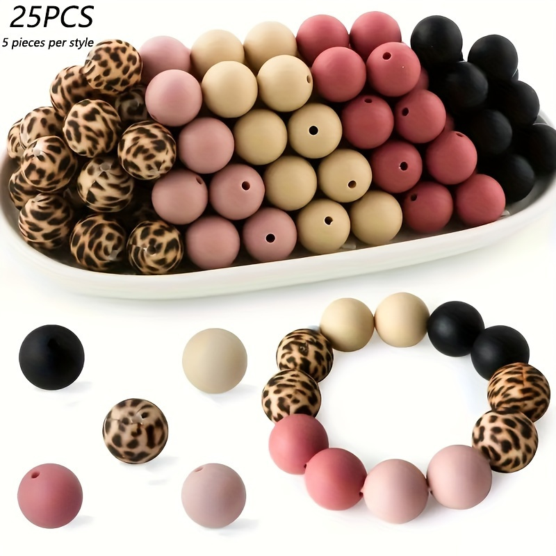 Silicone Beaded Kit 25pcs 15mm Beads- Making Suit With Leopard Print And Flower Pattern, Round Silicone Beads For Pen, Bracelets And Accessories
