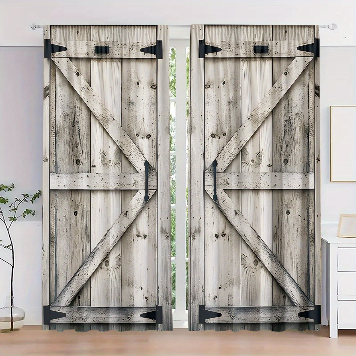 

2pcs, Polyester Material, White Wooden Door Pattern Printing, Light Filtering Curtains, Suitable For Bedroom, Living Room, Office And Home Decoration, Rod , Suitable For Wearing Rod