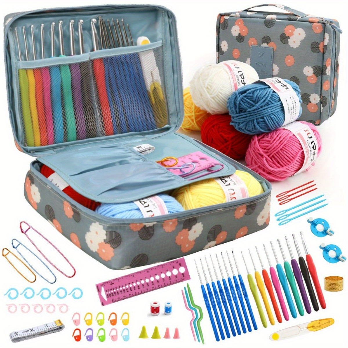 

Complete Beginner Crochet Kit With Ergonomic Hooks & Blue Floral Storage Bag - Includes Yarn, Needles, Scissors, Markers, And More - Ideal Gift For Women Learning Crochet, Crochet Supplies