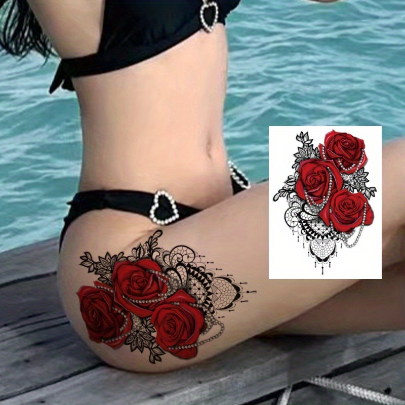 Image of Red Roses"high Definition Temporary Tattoos - Waterproof & Realisticsimulation -lasts 2-5 Days, Suitable For Halloween, For Men And Women