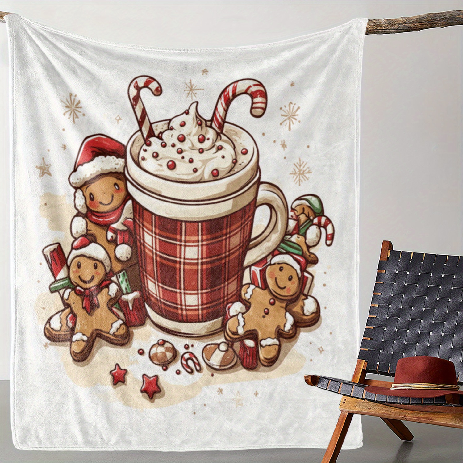 

Vintage Gingerbread Man And Hot Chocolate Print Christmas Throw Blanket, Knitted Polyester Flannel, Digital Printing, 250-300gsm, Comfortable Soft Cozy For Couch Bed , Gift Blanket - 59x78.7 Inches