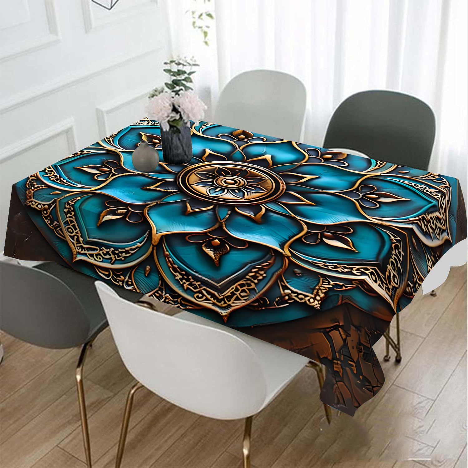 

Bohemian Floral Tablecloth - Polyester, Non-woven Fabric For Dining & Coffee Tables, Rectangular Decorative Cover