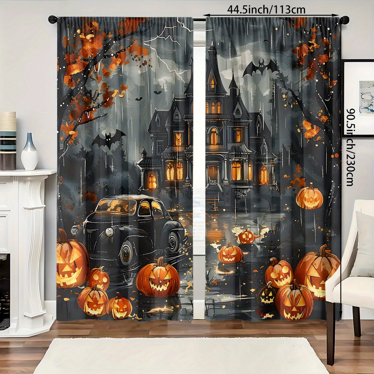 TEMU 2pcs Spooky Halloween Curtains - Haunted House & Pumpkin Design, Light-filtering Polyester Drapes With Rod Pocket For Easy Hanging, Perfect For