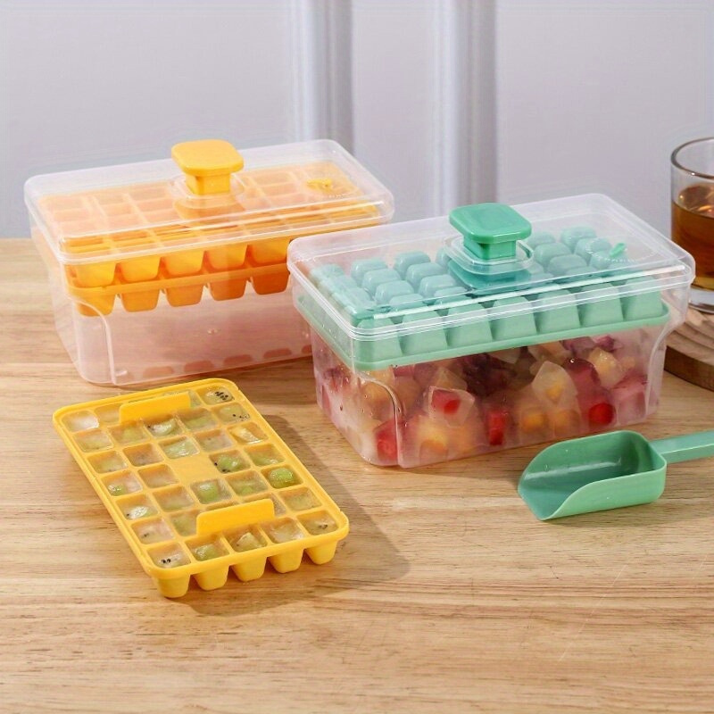 

Double Layered Tray Ice Cube Mold Set - 68 Compartments, Ice Scoop, And Storage Box - Essential Kitchen Gadget