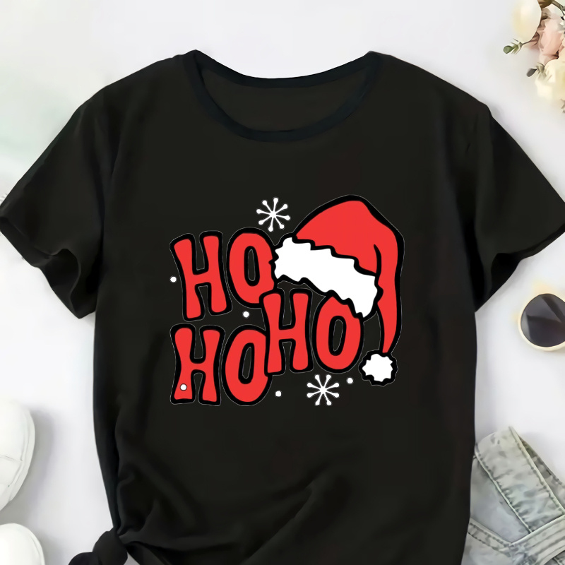 

Plus Size Christmas T-shirt For Women - Chic Crew Neck, Soft Breathable Polyester, Short Sleeve With Print, Casual Top