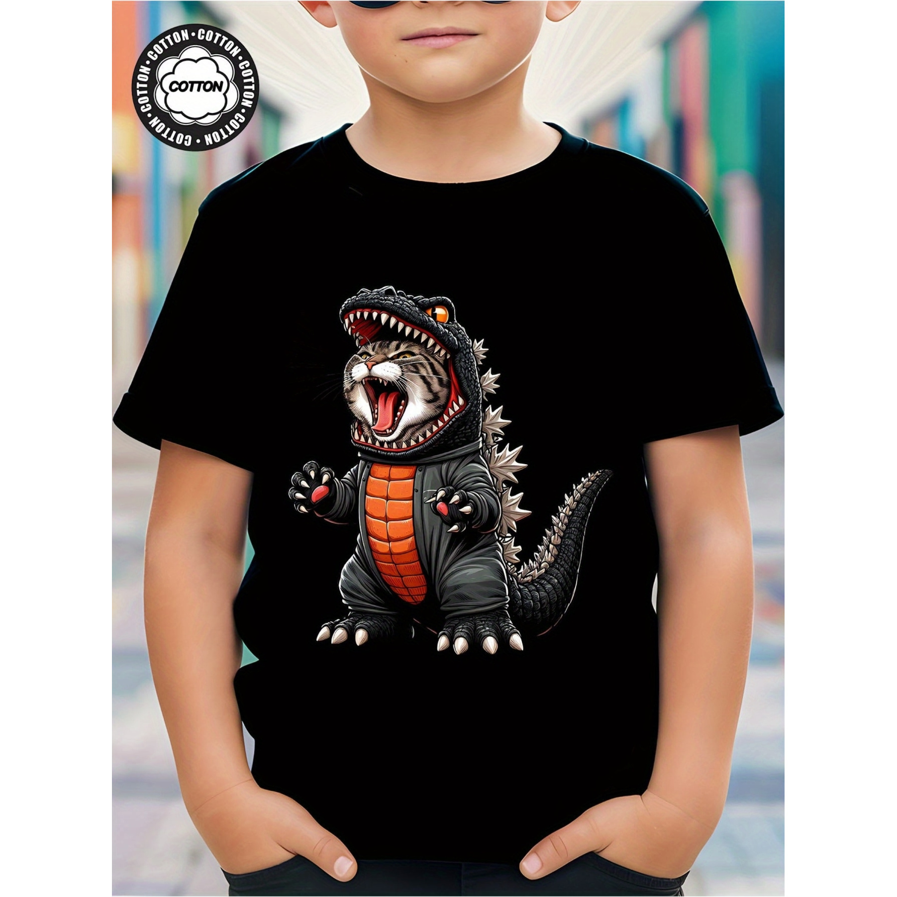 

Like A Dino-cat Cat Dinosaur Costume Funny Sayings Boy's T-shirt, Youth Tees Casual Lightweight Comfy Short Sleeve Tee Tops, Boys Clothes