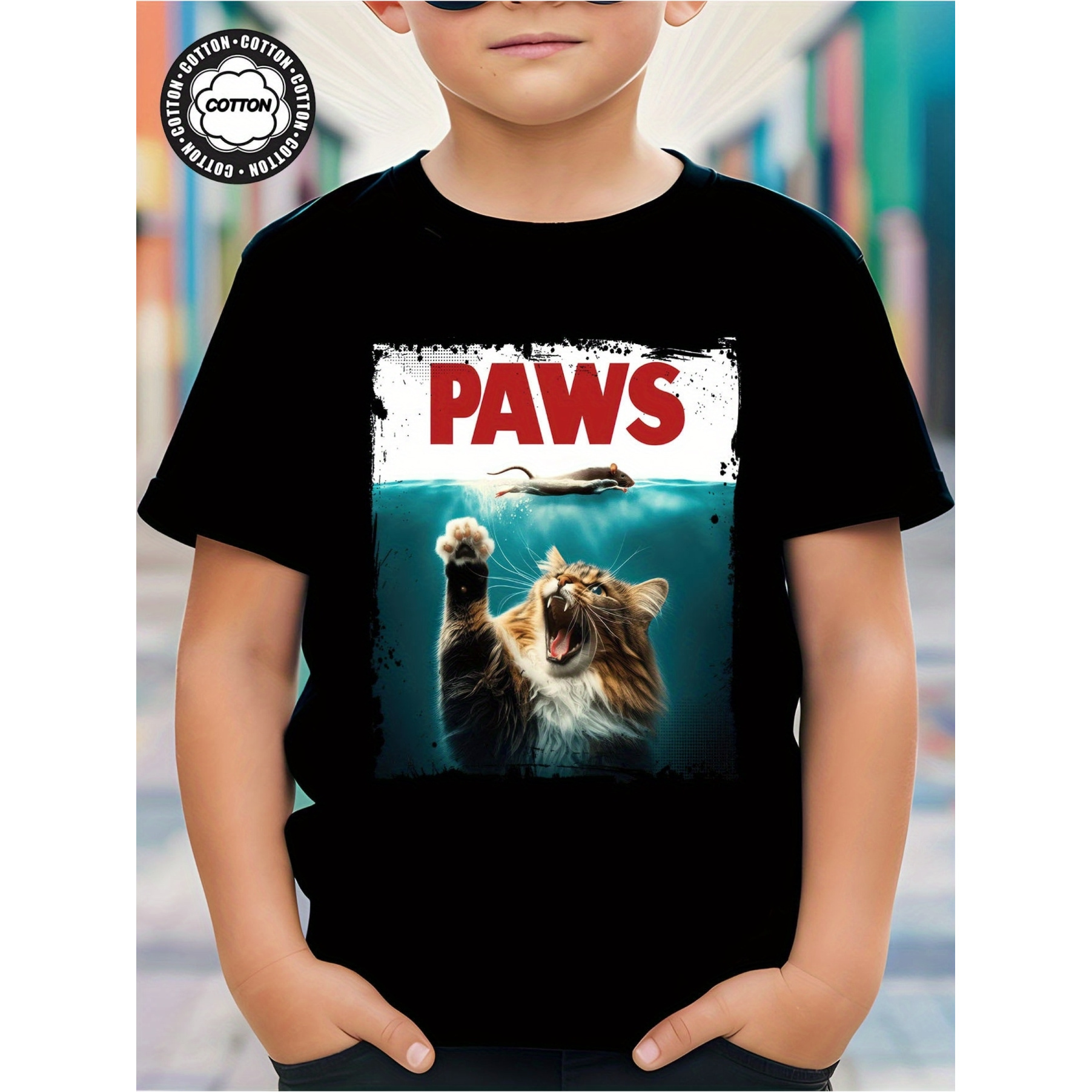 

Paws Cat Digital Fish Funny Sayings Boy's T-shirt, Youth Tees Comfy Breathable Casual Soft Crew Neck Tee Tops, Kid's Clothing