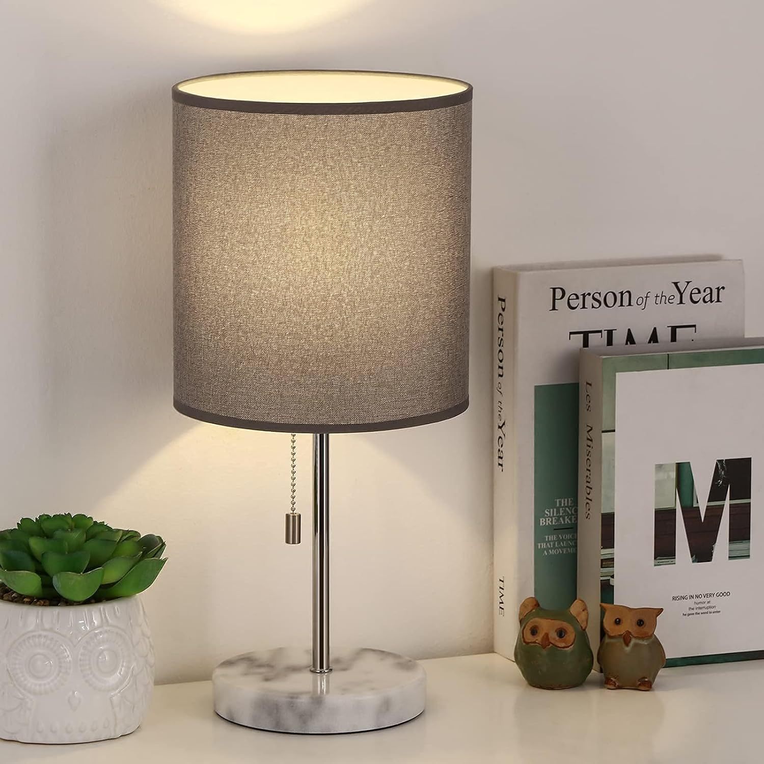 

Bedside Lamps, Desk Lamps With Pull Chain, Nightstand Lamps With Marble Base And Silver Metal, Lamp For Bedroom, Living Room, Reading Room, Office-grey