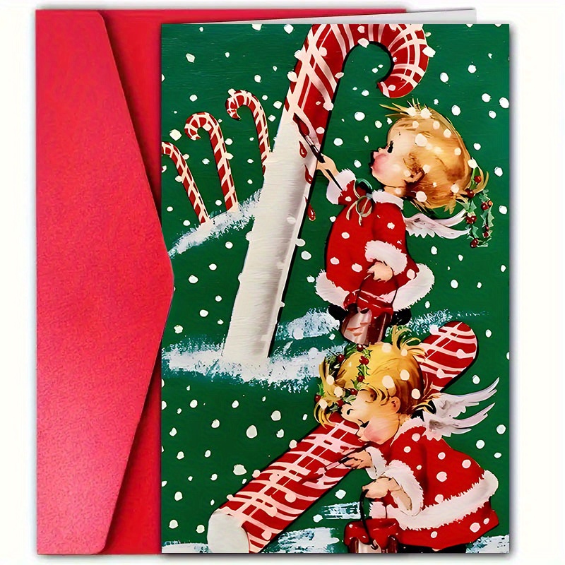 

1pc Vintage Christmas Greeting Card With Envelope - 12cm X 18cm - Festive Santa, Candy Canes & Christmas Trees Design - Christmas, New Year, Birthdays - Ideal For Family & Friends