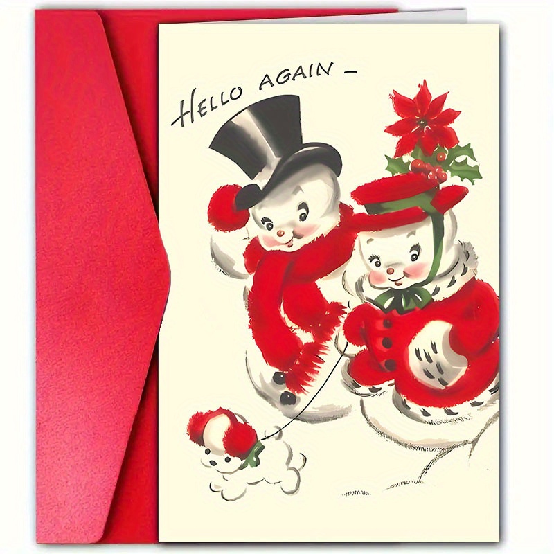 

1pc Vintage Snowman Family Christmas Greeting Card, Paper, With Envelope, Holiday Wishes For All, Ideal For Relatives & Friends On Christmas & New Year