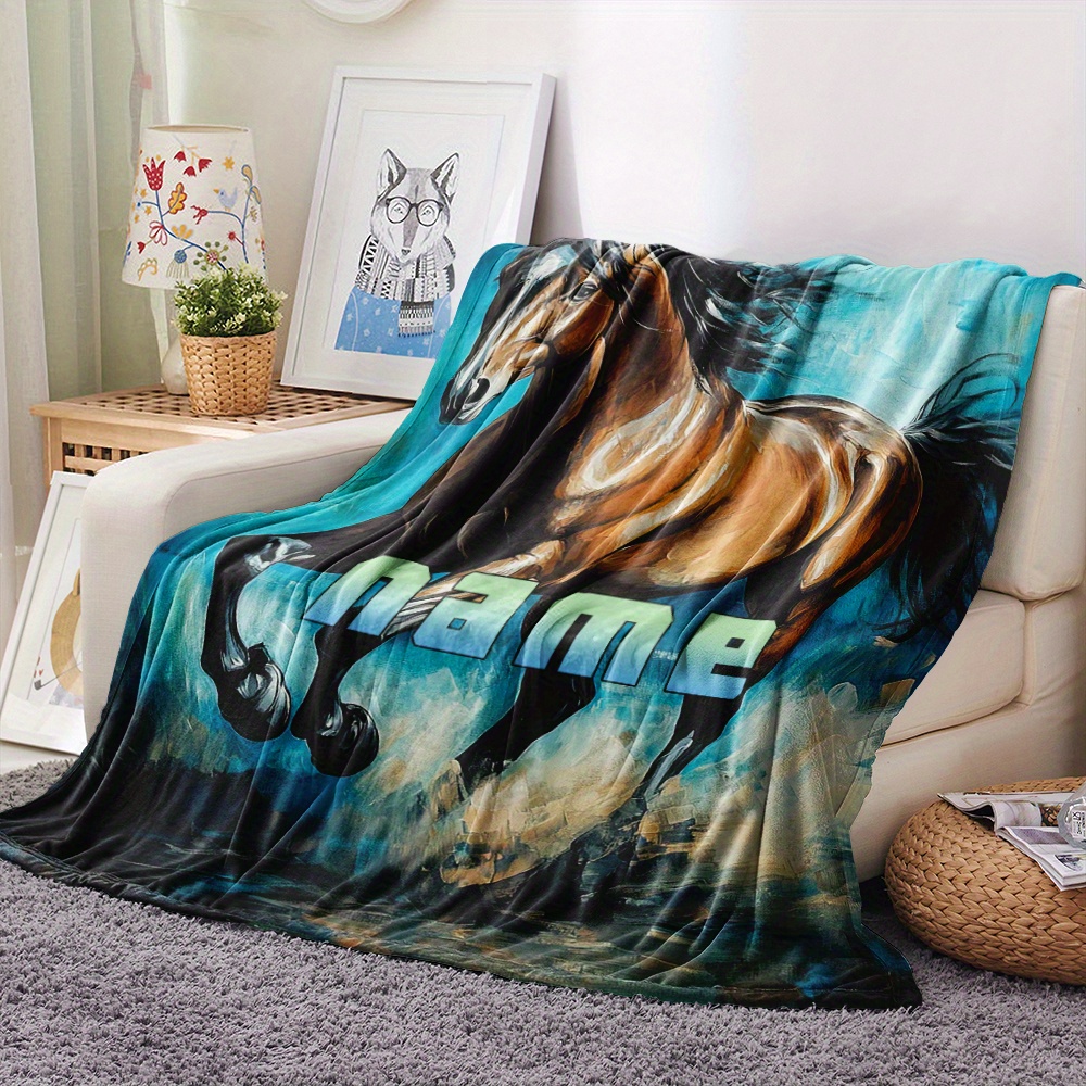 TEMU 1pc Custom Name Post-horse Flannel Throw Blanket - Soft Polyester Fiber, Machine Washable, Chunky Knit Fleece For Sofa, Bed, Travel, Camping,